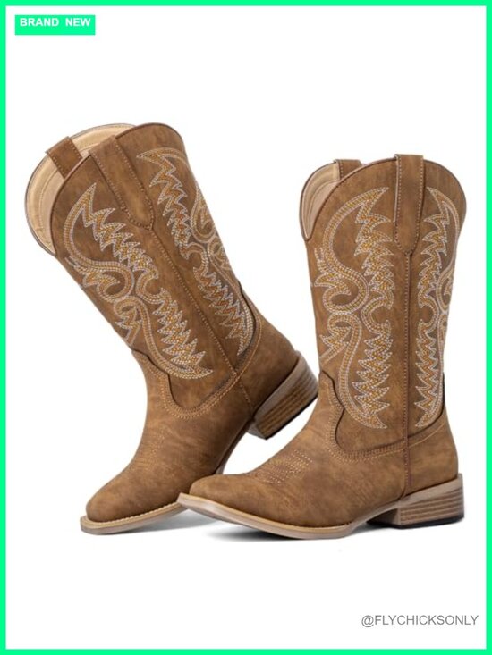 Shoes - Extra Wide Calf Cowboy Boots Square Toe Faux Leather Western Women's